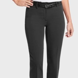 Sleek, black, straight-leg dress pants with adjustable waistband